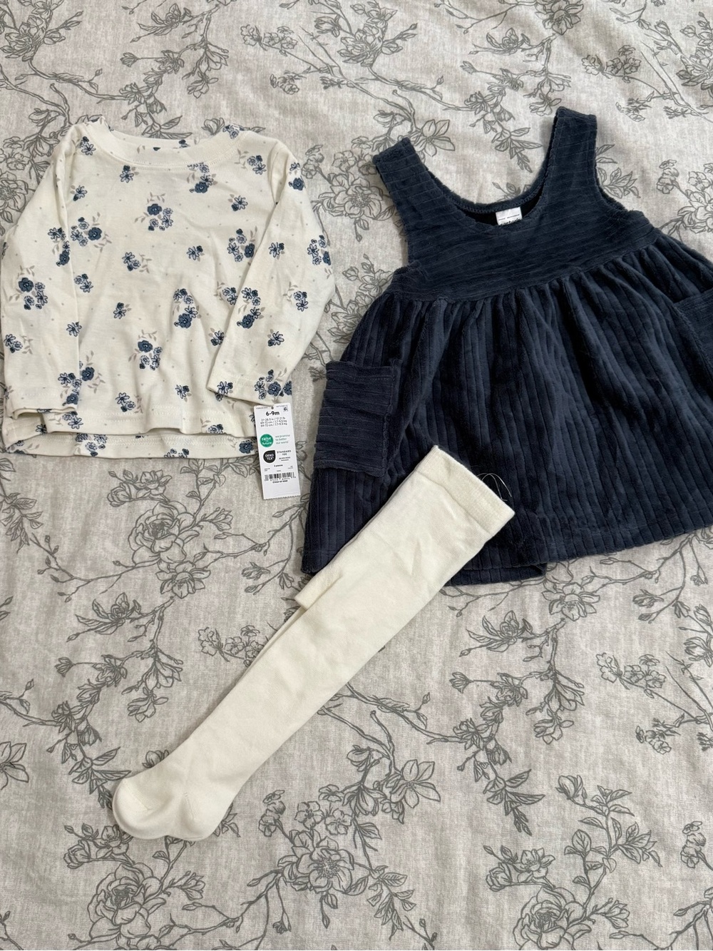 Children's Navy Corduroy Pinafore Dress with Cream Floral Top and Cream Tights